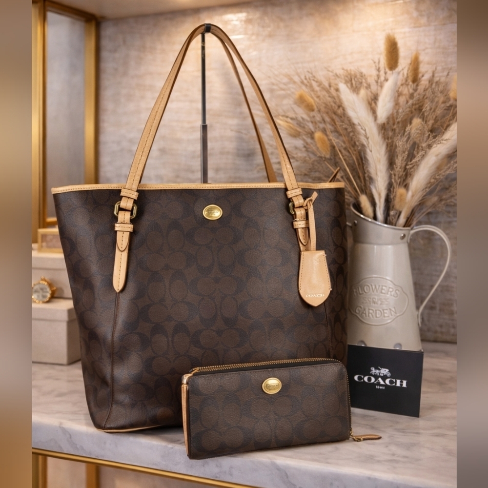 Coach Vintage Peyton Bag Brown Black Signature Tote with Wallet‎ Purse